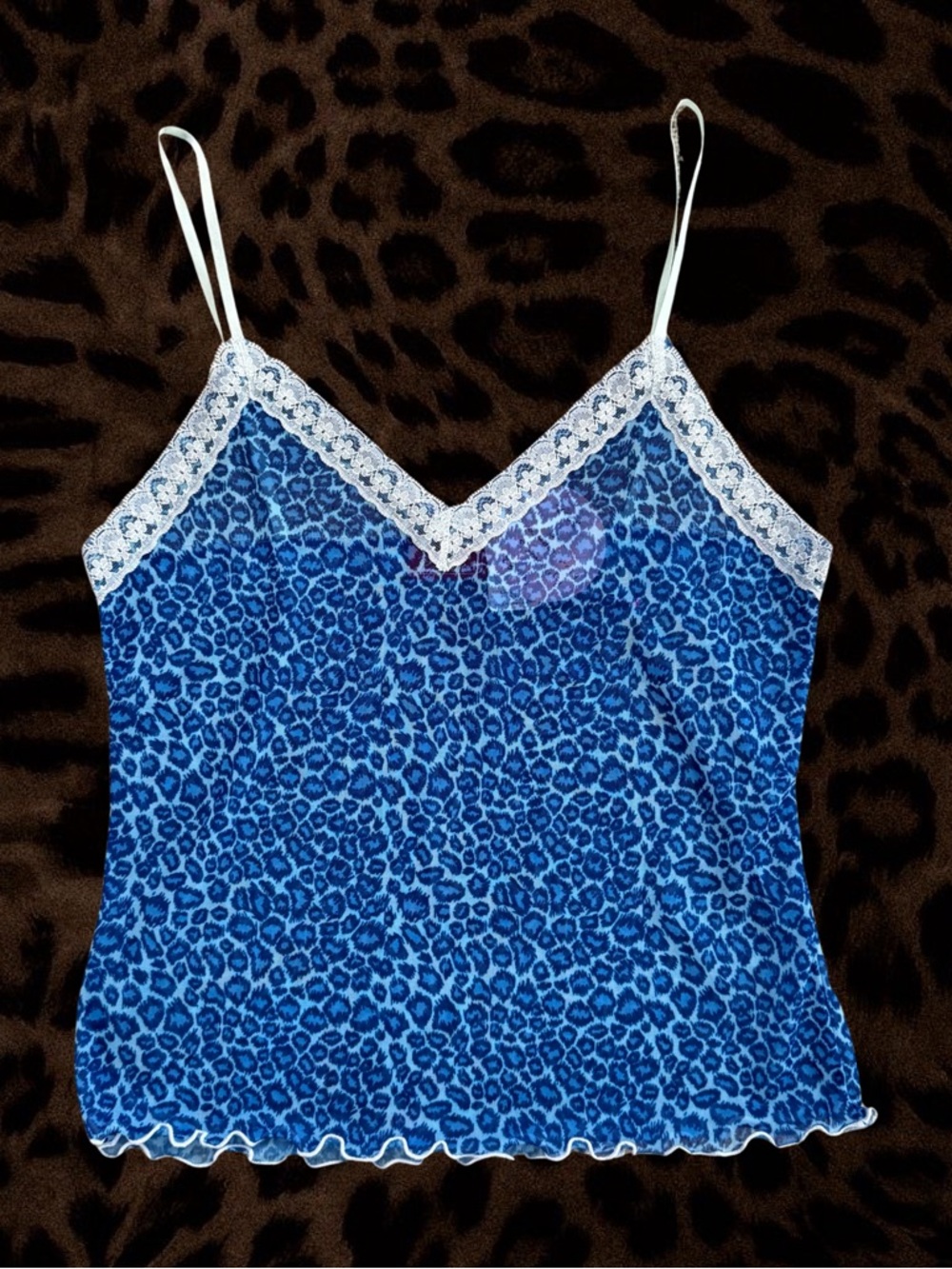 Blue Leopard Print Lace-Trim Cami Top